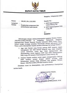 Surat Bupati Kutim yang ditujukan kepada KNPI Kutim kubu Felly Lung dan Lukas Himuq untuk menghentikan penggunaan dan pemanfaatan aset daerah. (foto : 1st)