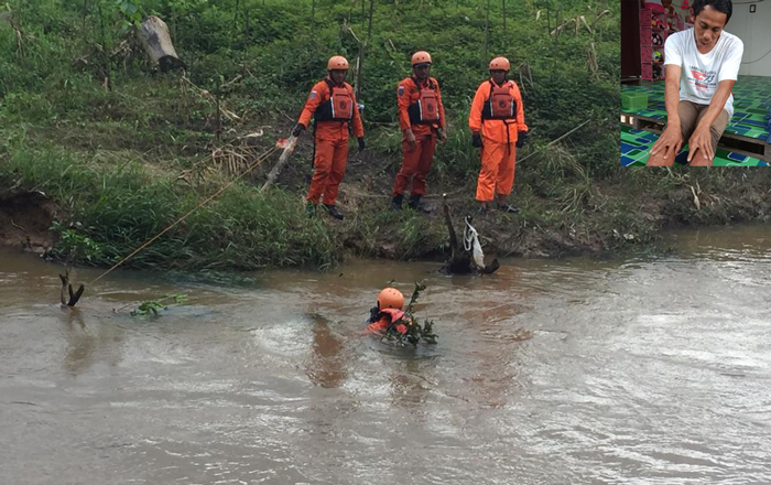 Tim SAR Gabungan mencari Alimudin di Sungai Rantau Pulung, ia dilaporkan hilang sejak Rabu (5/1/2021). Alimudin (insert) ternyata berada di rumah keluarganya. (foto : Tim SAR)
