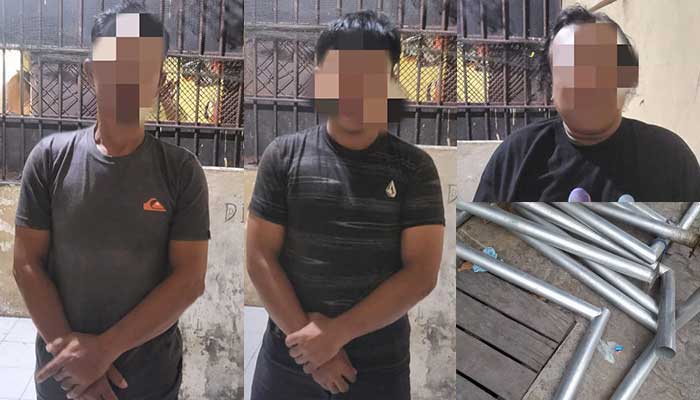 Ketiga tersangka pencurian Besi UPTD Pasar Pagi Samarinda dengan barang bukti (insert). (foto: Exclusive)